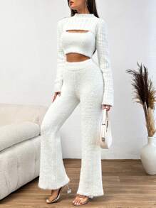 EURMUSE Solid Crop Sweater & Knit Top & Knit Pants - White - View 4