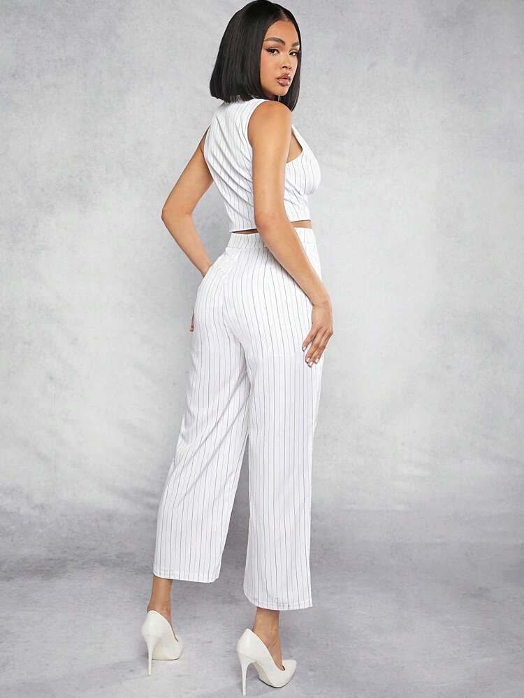 Pinstriped Button Cut Out Waist Business Jumpsuit