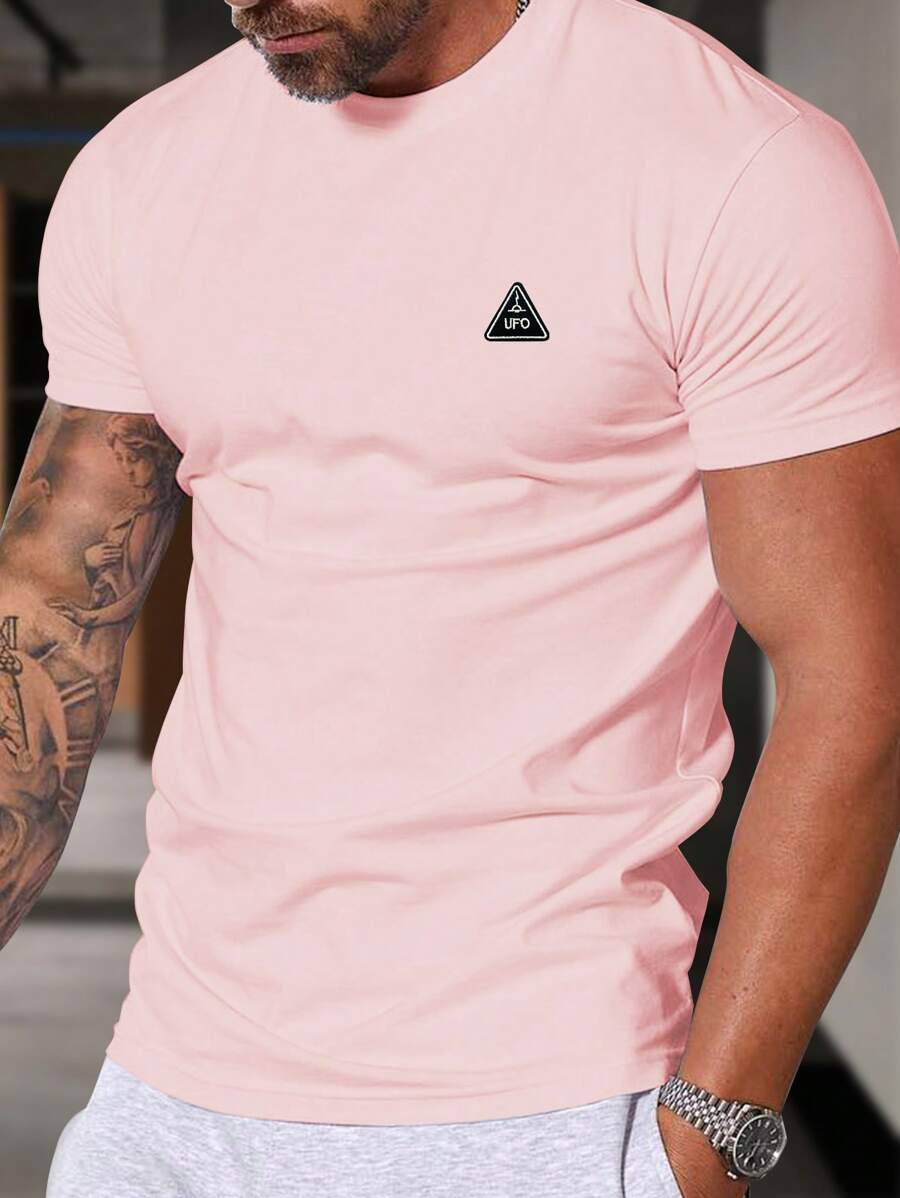 Manfinity Homme Men Short Sleeve Letter Printed Tee Shirt With Round Neckline For Summer Sports And Casual Wear - Pink - View 1