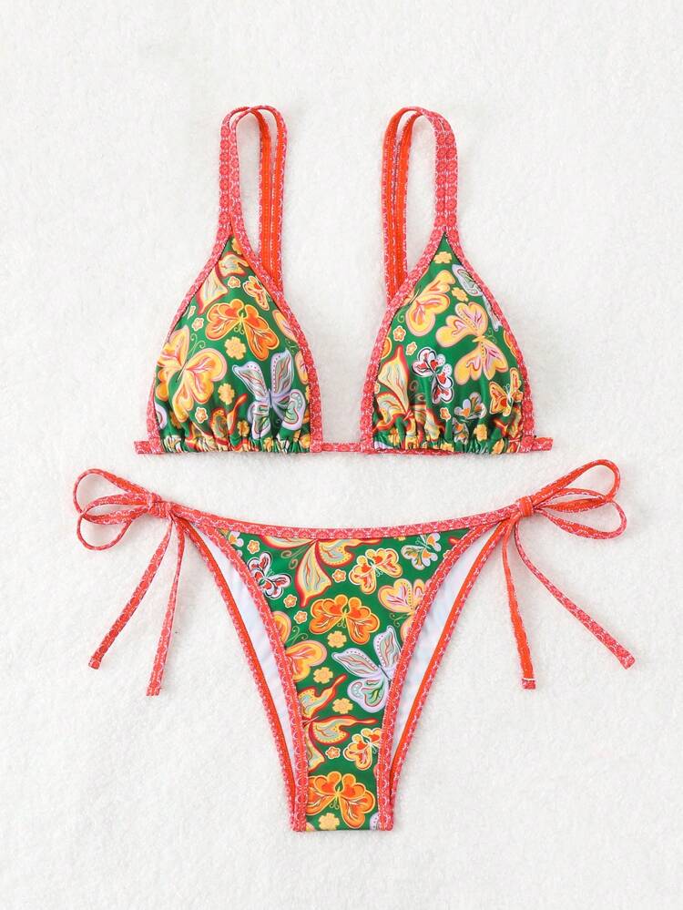 Women Flower Pattern Color-Contrasting Trimmed Bikini Set Summer Beach