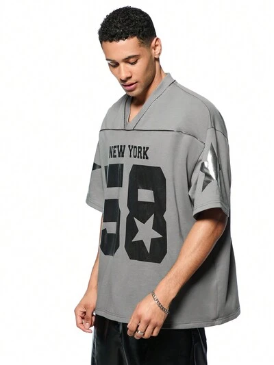 Men Loose Retro Gray Number Jersey T-Shirt