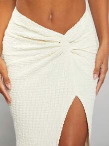 Hauture One-Shoulder Textured Top & Twist Skirt Two Pieces Set - Khaki - View 4