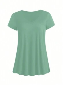 SHEIN LUNE Plus Size Plain Simple V-Neck Short Sleeve Summer T-Shirt - Green - View 3