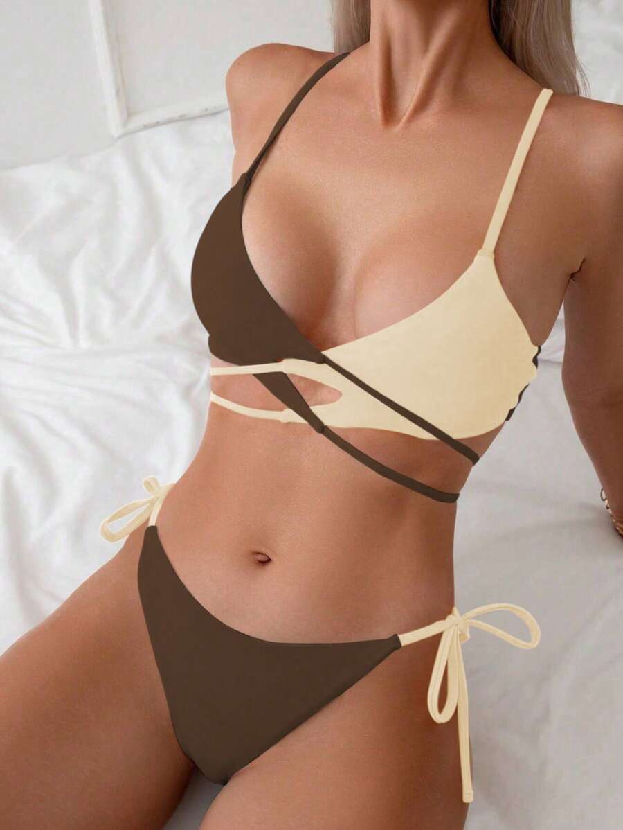 SHEIN Swim Summer Beach Two Tones Cross Wrap Tie Back Bra & Swim Bottom Bikini Set Bathing Suit - Multicolor - View 1