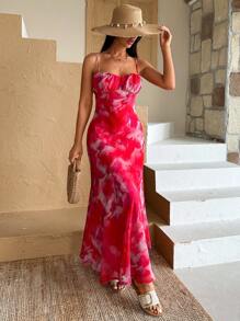 SHEIN Abito in chiffon con stampa floreale, dettagli cut out sulla schiena, design a coppa per il busto, spalline sottili