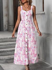 Breezaya Summer Holiday Style Full Print Single Breasted Spaghetti Strap Dress - Pink - View 3
