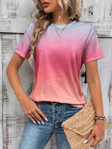 SHEIN LUNE Damen Farbverlauf Kurzarm Slim Fit T-Shirt für Urlaub und Entspannung - Heißes Pink - Übersicht 6