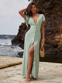 EURMUSE Women's Deep V-Neck Button Front Long Dress - Green - View 4