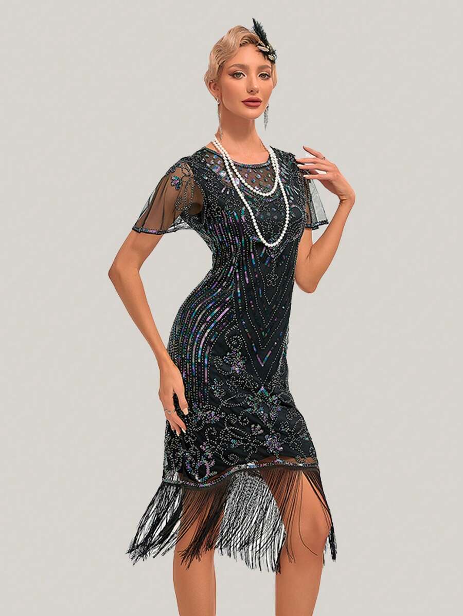 Abito con frange da cocktail con paillettes e perline da festa anni "20 per donne di moda vintage - nero - Visualizzare 1
