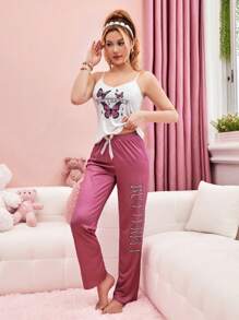 SHEIN Women Butterfly And Letter Printed Tank Top And Long Pants Pajama Set - Multicolor - View 3