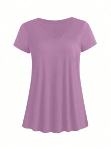 Linhara Women Solid Color Simple Daily V-Neck Plus Size T-Shirt - Purple - View 4