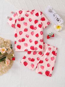 2pcs Young Girl' Cute Strawberry Print Short Sleeve Top And Shorts Tight Pajama Set - Baby Pink - View 2