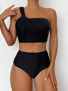 SHEIN Swim Vacation Solid One Shoulder Ruched Tankini Swimwear Summer - Black - View 3