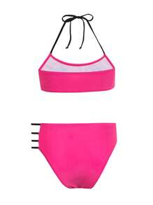 SHEIN Swim Conjunto de bikini de color de contraste con diseño calado para mujeres, para playa de verano