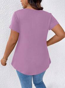 Linhara Women Solid Color Simple Daily V-Neck Plus Size T-Shirt - Purple - View 2