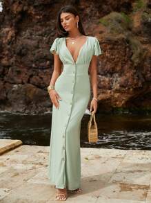 EURMUSE Women's Deep V-Neck Button Front Long Dress - Green - View 5