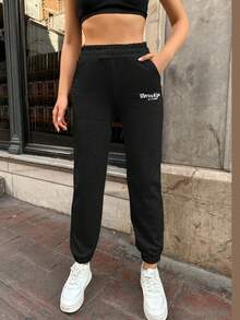 RueChic Ladies' Letter Printed Elastic Waist Sweatpants - Black - View 4