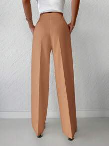 SHEIN Cottnline Solid High Waist Plicated Detail Straight Leg Pants - Brown - View 2