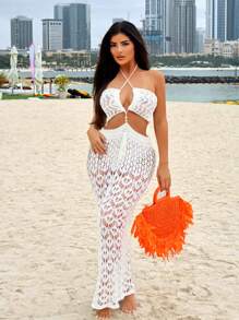 SHEIN SXY 夏威夷夏季女士连衣裙维多利亚秘密性感连衣裙海滩女士连衣裙海滩罩衫钩针连衣裙钩针罩衫海滩度假女装 - 白色 - 查看 5