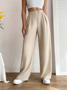 EURMUSE Pantalones Beige Para Mujer Con Detalle De Botón En La Cintura - Beis - Ver 1