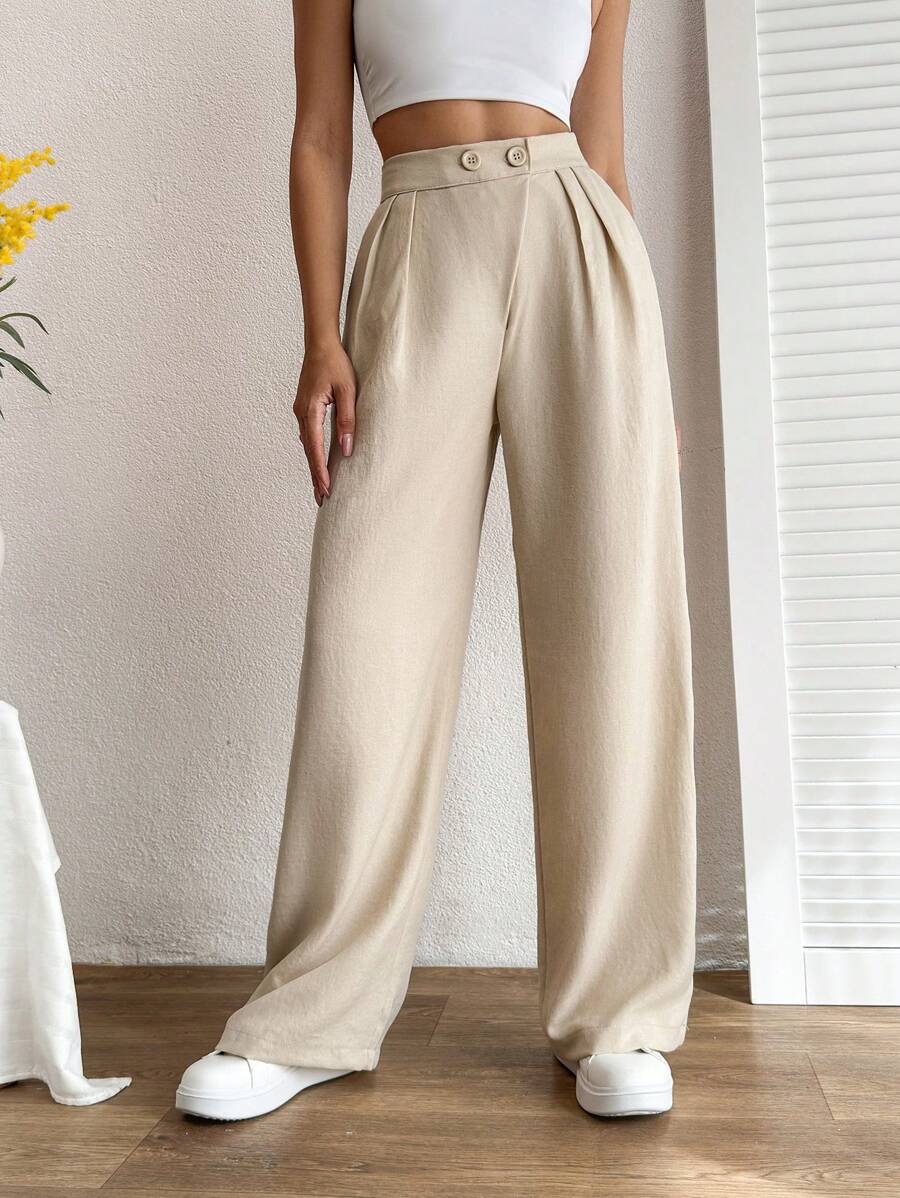 EURMUSE Pantalones Beige Para Mujer Con Detalle De Botón En La Cintura - Beis - Ver 1
