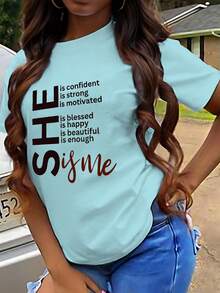 SHEIN LUNE 女士T恤，印有字母英文文本和圖形印花 - 藍色 - 查看 3