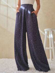 SHEIN Calça Pantalona Estampada Viscose Feminino - Blue and White - View 3