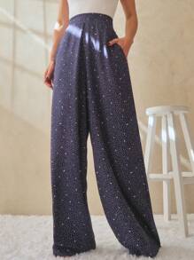 SHEIN Calça Pantalona Estampada Viscose Feminino - Blue and White - View 5
