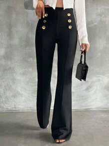 SHEIN Tall Tall Size Double Breasted Decorative Flared Trousers - Black - View 5