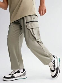 SHEIN Tween Boy Solid Color Woven Pants With Zipper Pockets, Printed Pattern And Elastic Cuffs