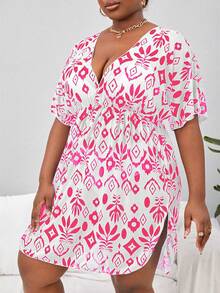 SHEIN Swim Curve Plus Size Cổ chữ V in hình dáng rộng Váy che phủ kỳ nghỉ bãi biển mùa hè thông thường - Nhiều màu - Xem 4