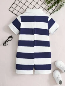 SHEIN 1入組條紋花樣男童連身褲，適用於夏季假期和休閒穿著 - 藍色 - 查看 2