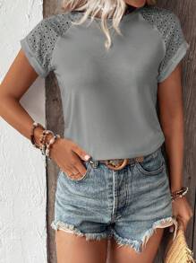 Chiquease Contrast Eyelet Embroidery Raglan Sleeve Tee - Grey - View 3