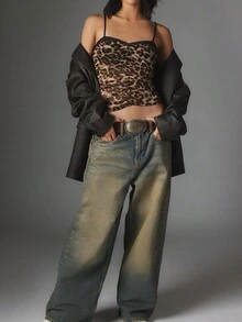 豹紋打褶細肩帶上衣 - 棕色 - 查看 4