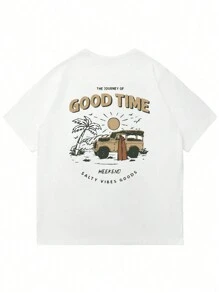 Men's Car & Letter Print Short Sleeve T-Shirt - White - View 5
