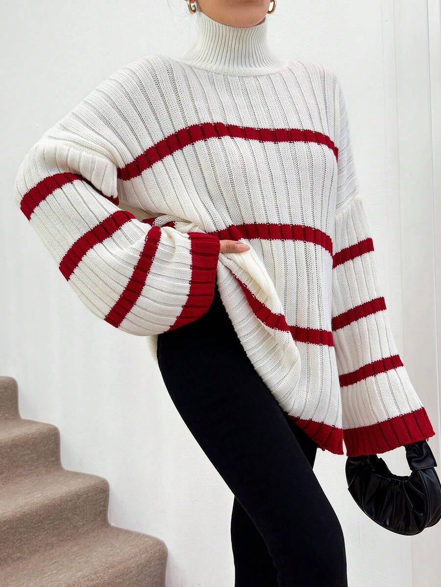EURMUSE Women's Contrast Color Striped High Neck Batwing Sleeve Sweater