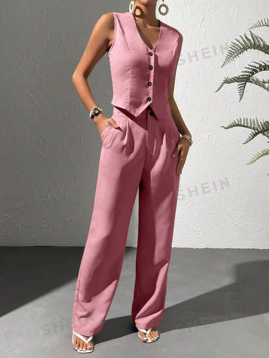 SHEIN Essnce Conjunto de traje de un solo color que incluye chaleco con ...