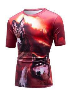 Manfinity LEGND Men Summer Short-Sleeve Casual T-Shirt With Wolf Print And Round Neck - Red - View 3