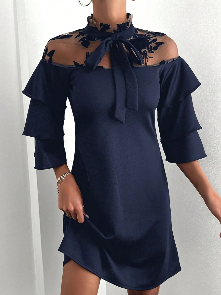 SHEIN Flocked Mesh Ribbon Insert Tie Neck Flare Sleeve Dress