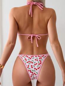 Swim Mod 夏季海灘櫻桃印花露肩三角杯比基尼分體泳裝 - 彩色 - 查看 2