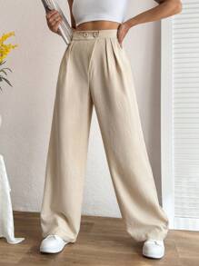 EURMUSE Pantalones Beige Para Mujer Con Detalle De Botón En La Cintura - Beis - Ver 4