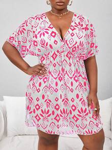 SHEIN Swim Curve Plus Size Cổ chữ V in hình dáng rộng Váy che phủ kỳ nghỉ bãi biển mùa hè thông thường - Nhiều màu - Xem 6
