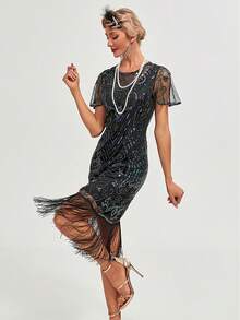 Abito con frange da cocktail con paillettes e perline da festa anni "20 per donne di moda vintage - nero - Visualizzare 3