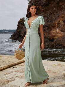 EURMUSE Women's Deep V-Neck Button Front Long Dress - Green - View 3