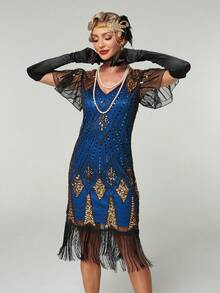 1920s Vintage Flapper Dress Short Sleeve Fringed Cocktail Party Dress - Blue - View 4