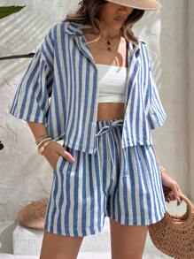 Linen Look Short Sleeve Shirt & Short Two Piece Set - Multicolor - View 4