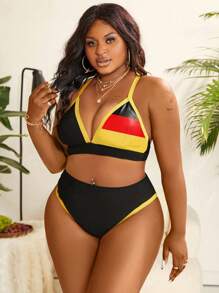 SHEIN Swim Curve Plus Size Color-Block V-Neck Bikini Set For Summer Beach Holiday - Multicolor - View 3