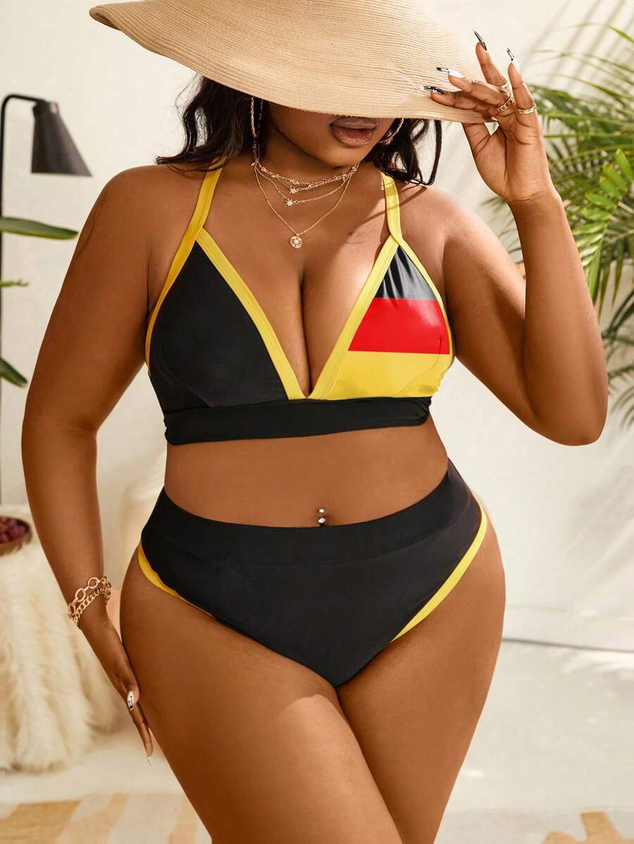 SHEIN Swim Curve Plus Size Color-Block V-Neck Bikini Set For Summer Beach Holiday - Multicolor - View 1