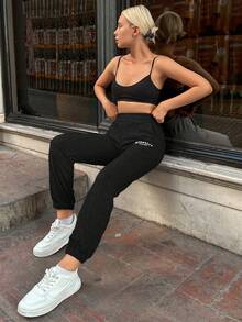 RueChic Ladies' Letter Printed Elastic Waist Sweatpants - Black - View 5