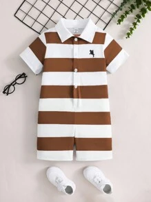 SHEIN 1 peça Macacão Casual de Verão para Bebê Menino com Listras, Manga Curta, para Férias